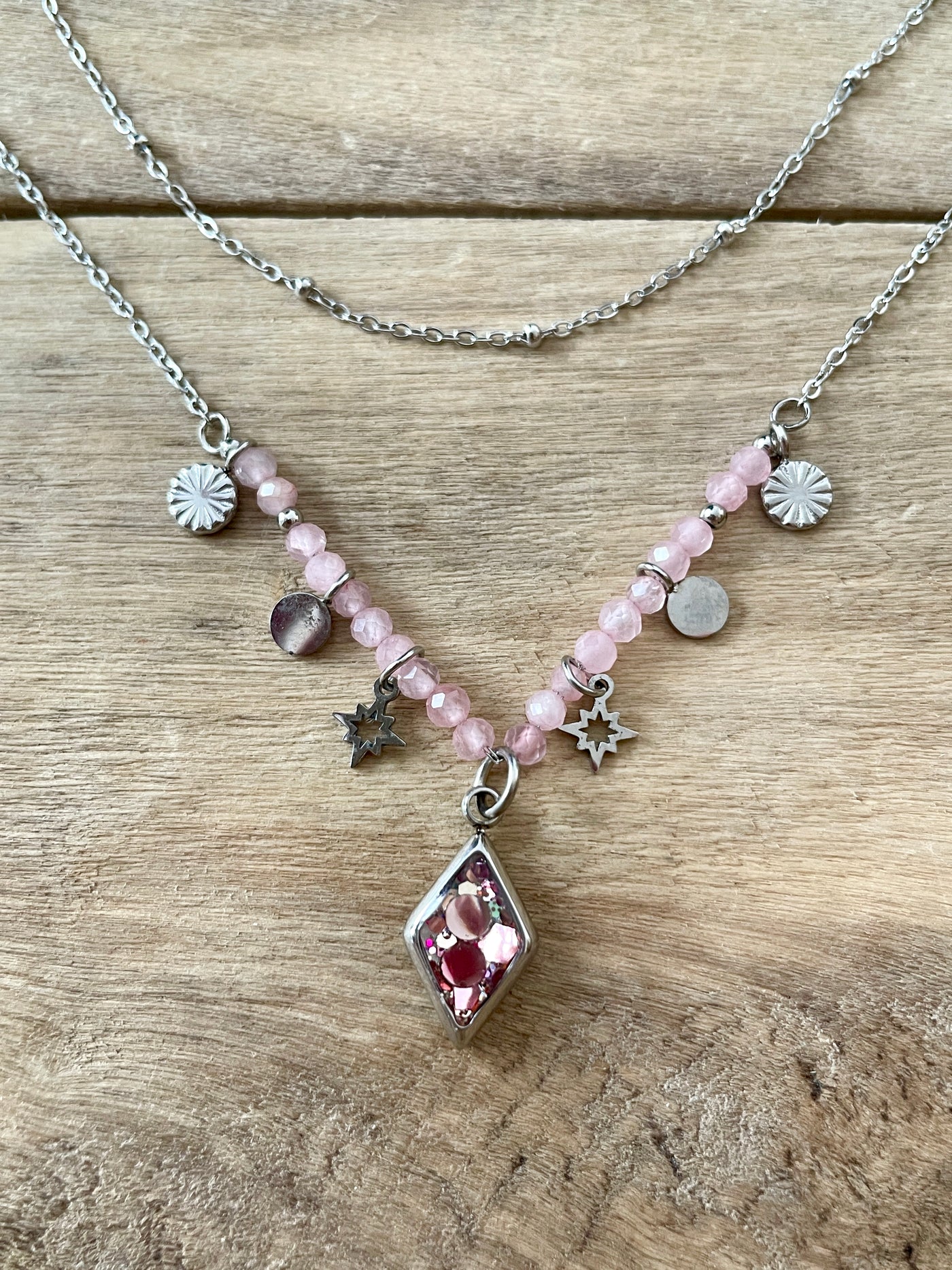 Collier argenté TAYLOR Quartz rose Kilos émotionnels