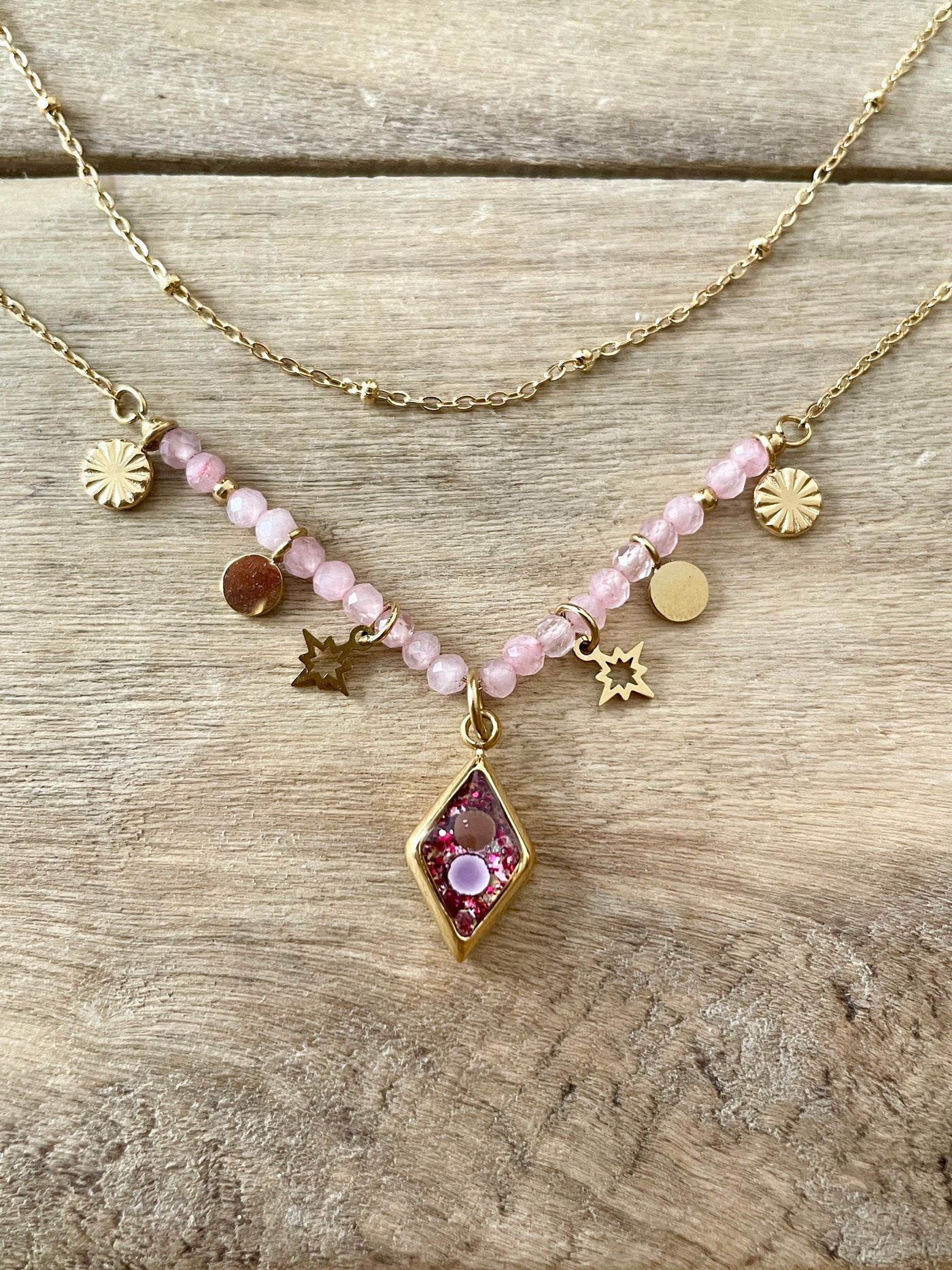 TAYLOR Gold Necklace Rose Quartz Eye Family Lineage