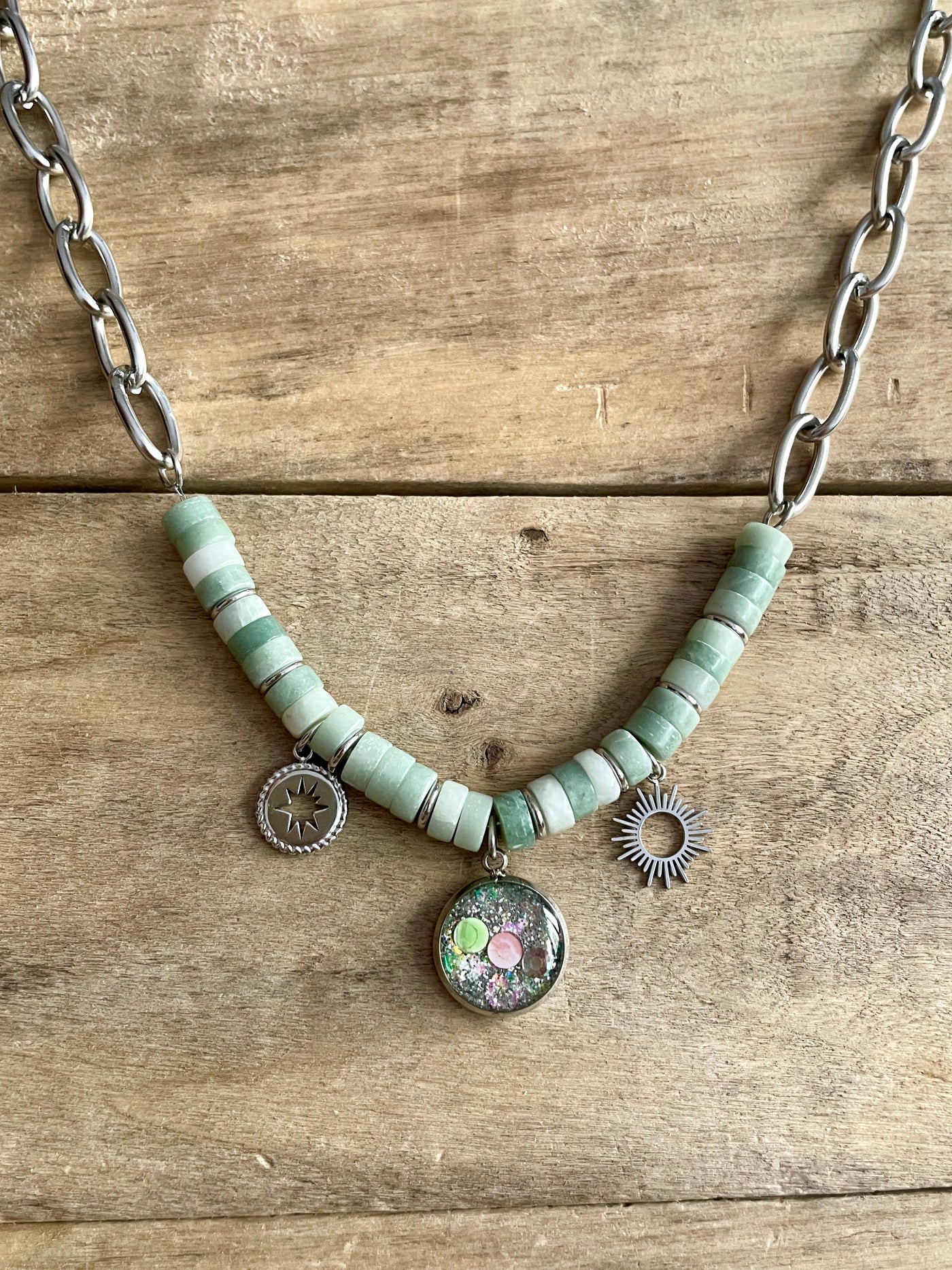 HONOLULU Silver Necklace Green Jasper Emotional Shock