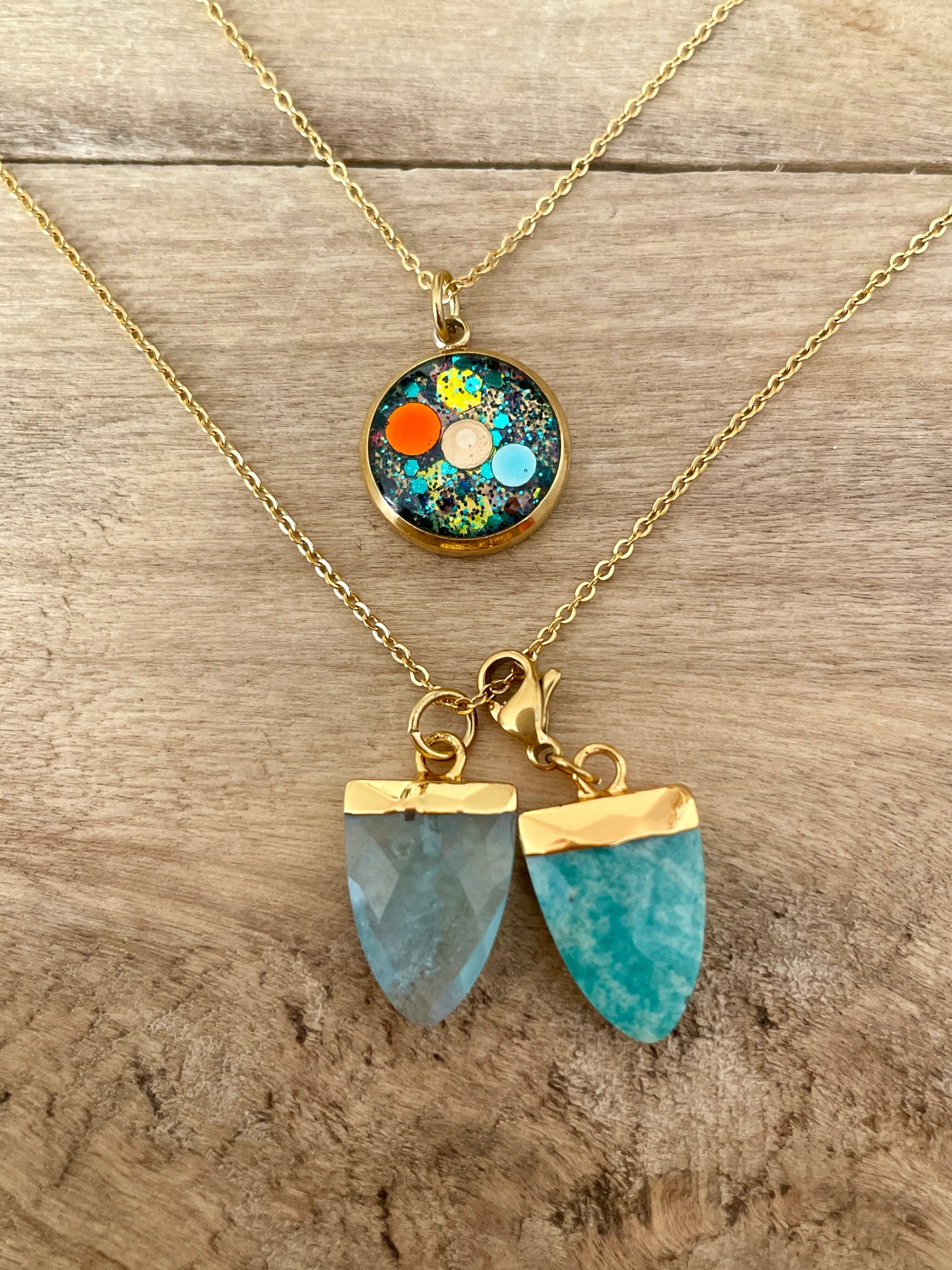 Collier double doré Miami AIGUE MARINE et AMAZONITE Om