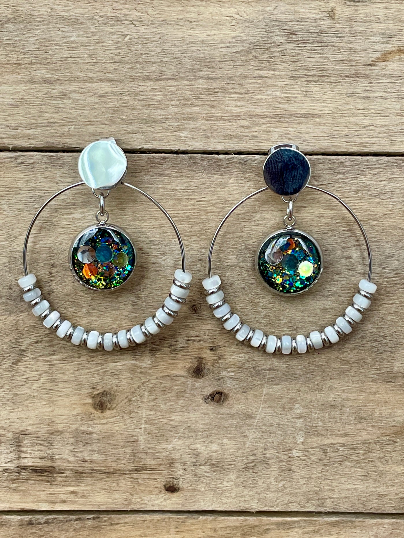 Boucles d'oreilles argentées SHAMBALLAH Pierre de lune Deuil