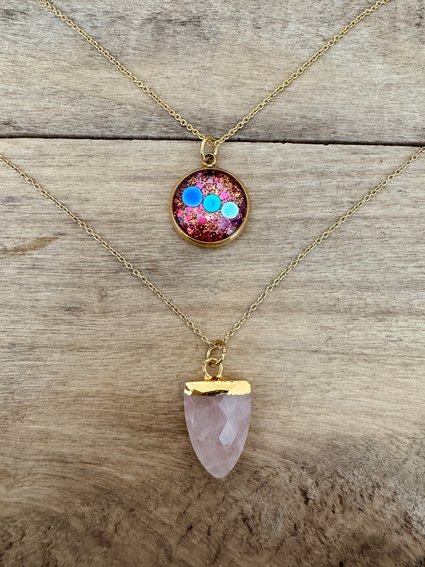 Collier double doré QUARTZ ROSE Spirale négative