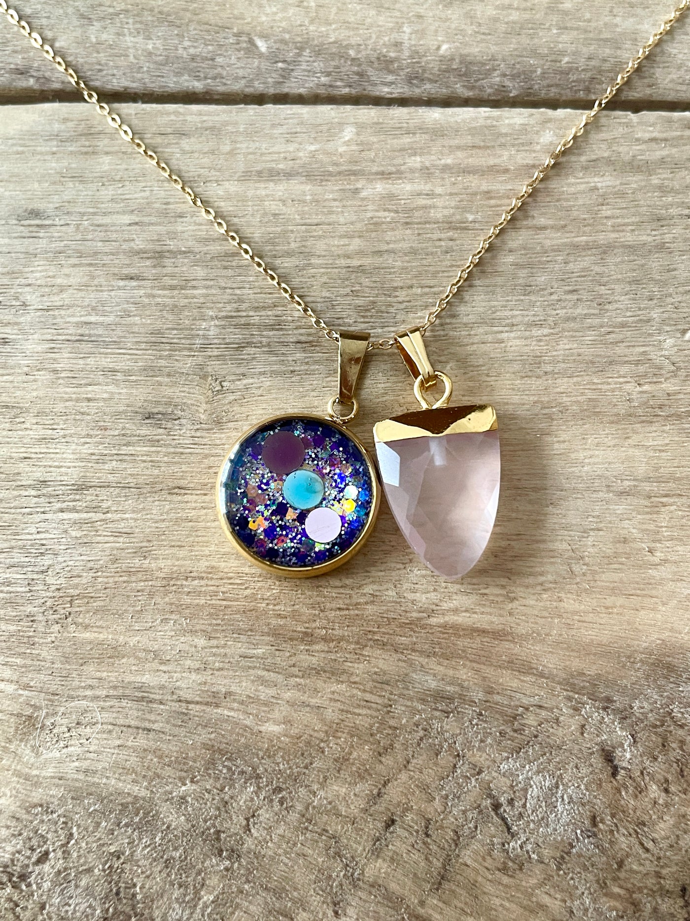 Double gold necklace PINK QUARTZ Family lineage