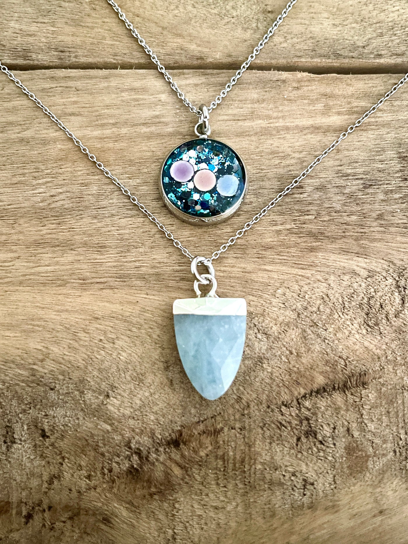 Double silver necklace Aquamarine Past lives