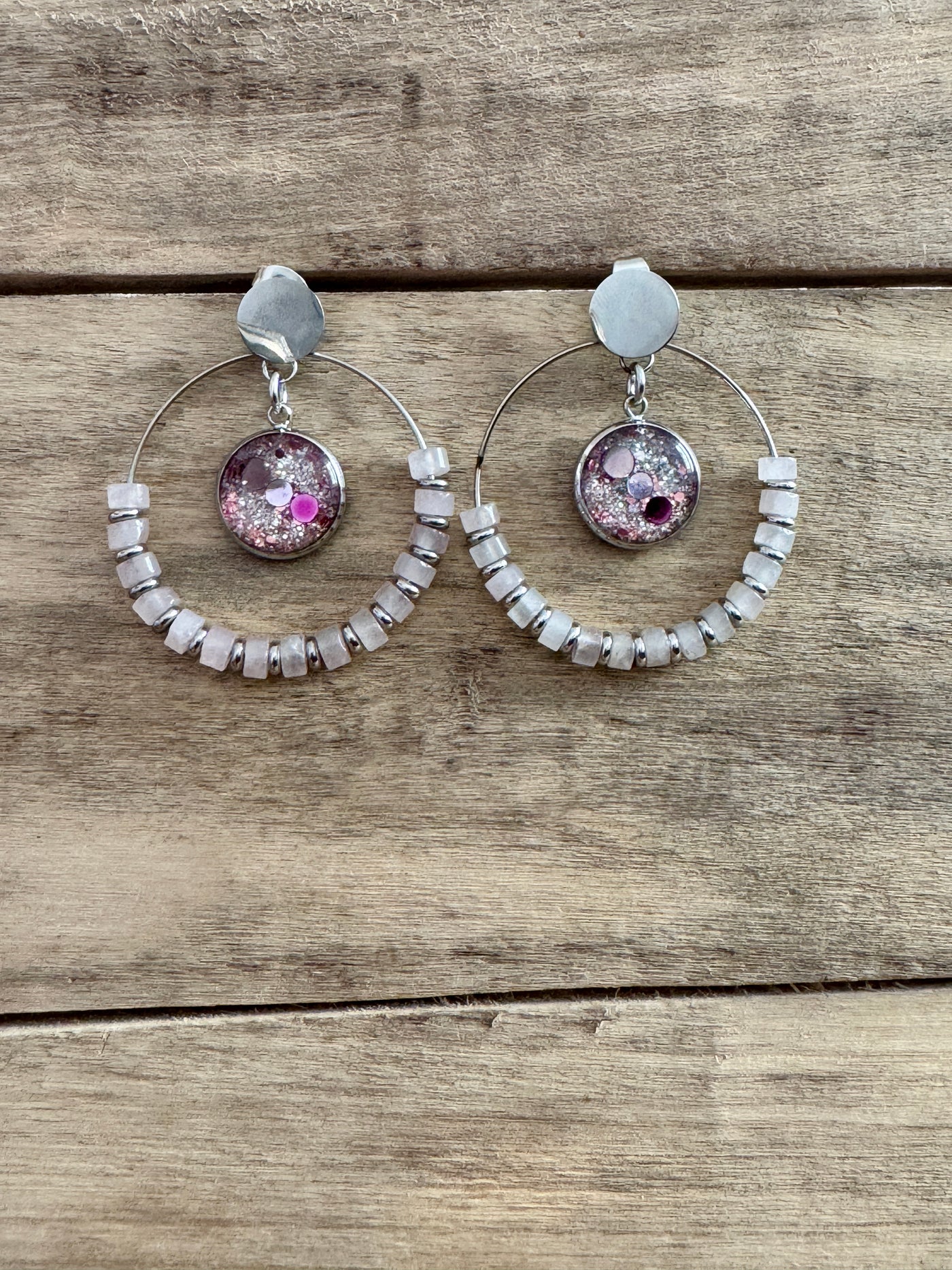 Boucles d'oreilles argentées SHAMBALLAH Quartz rose Amour de soi