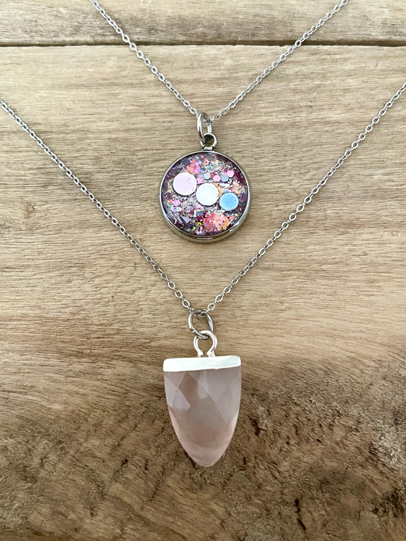 Collier double argenté QUARTZ ROSE Chakra racine