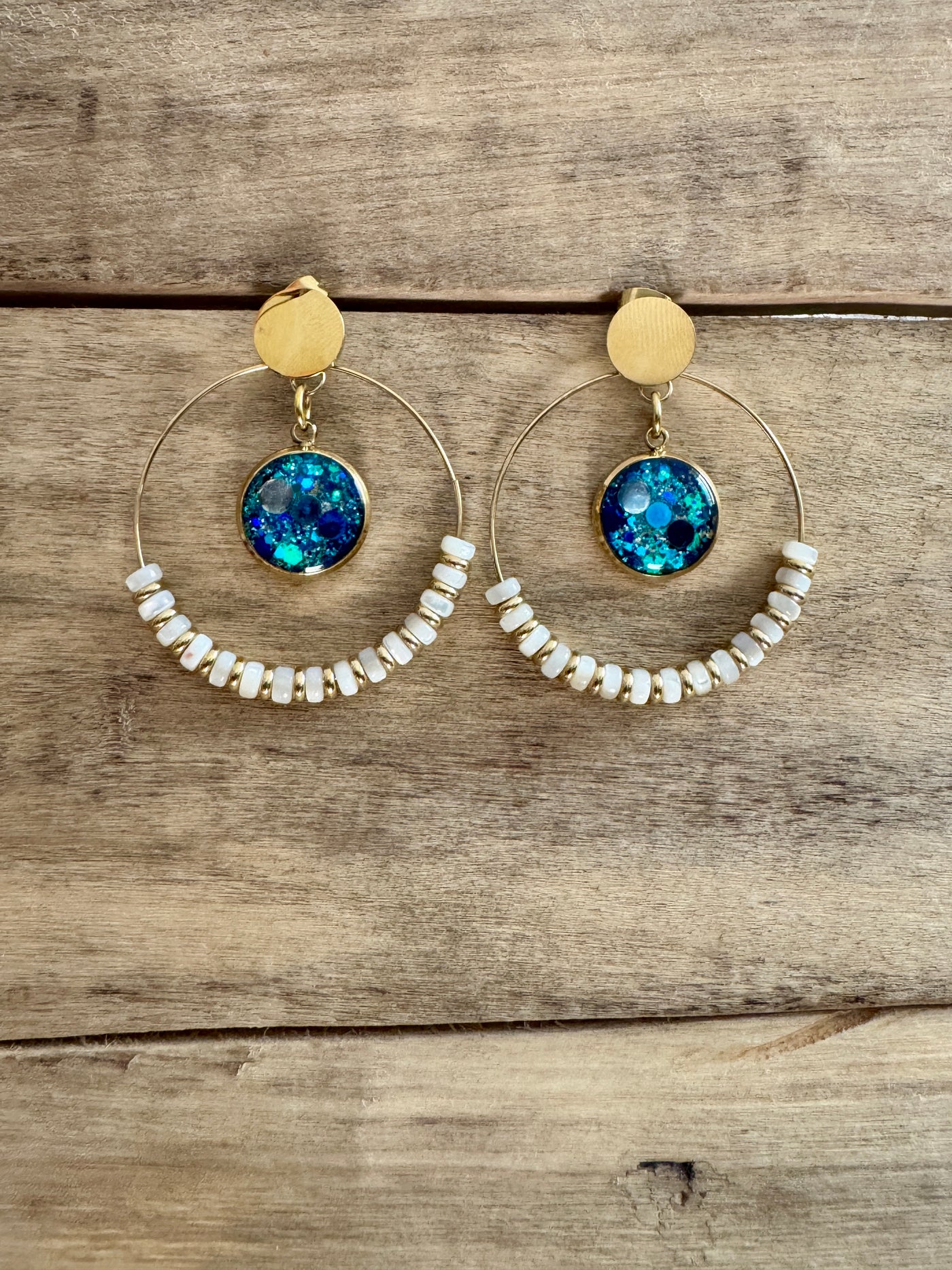Boucles d'oreilles dorées SHAMBALLAH Pierre de lune Kilos émotionnels
