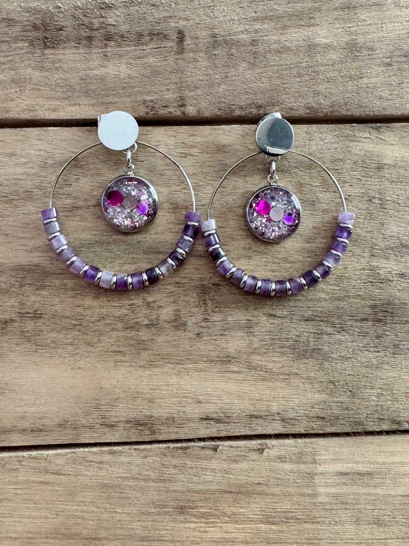 Boucles d'oreilles argentées SHAMBALLAH Amethyste Kilos émotionnels