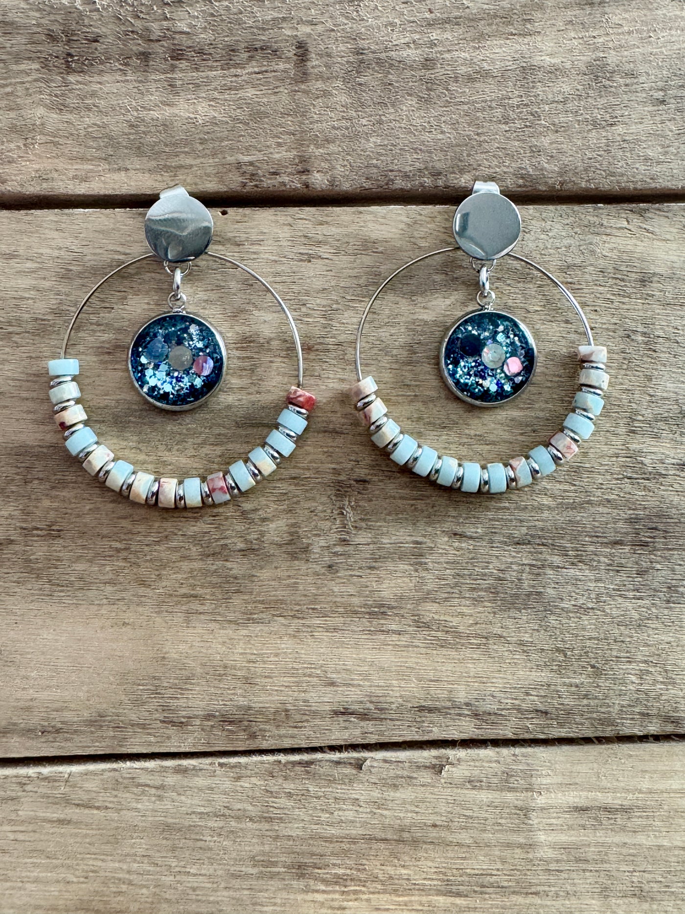 Boucles d'oreilles argentées SHAMBALLAH Jaspe Lignée familiale