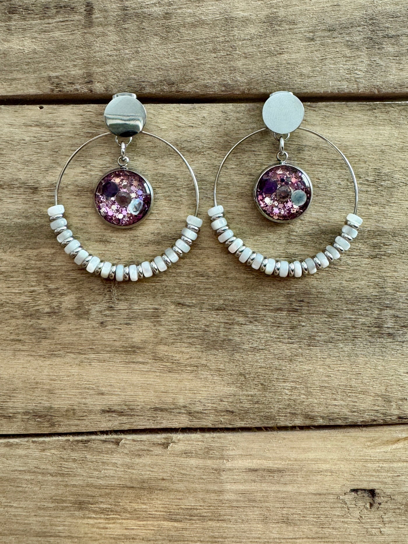 Boucles d'oreilles argentées SHAMBALLAH Pierre de lune Réharmonisation des 7 chakras
