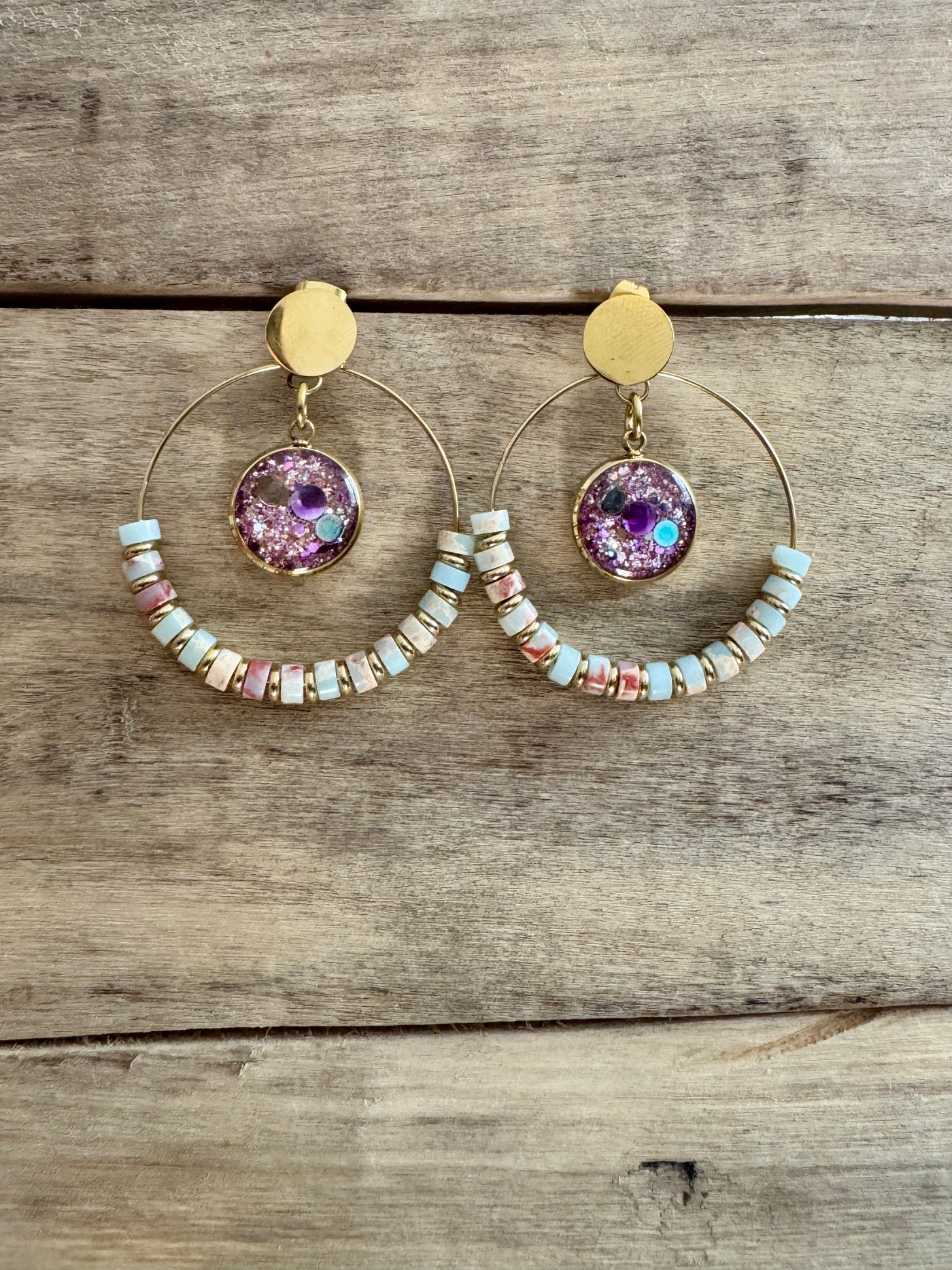 Boucles d'oreilles dorées SHAMBALLAH Jaspe Réharmonisation des 7 chakras