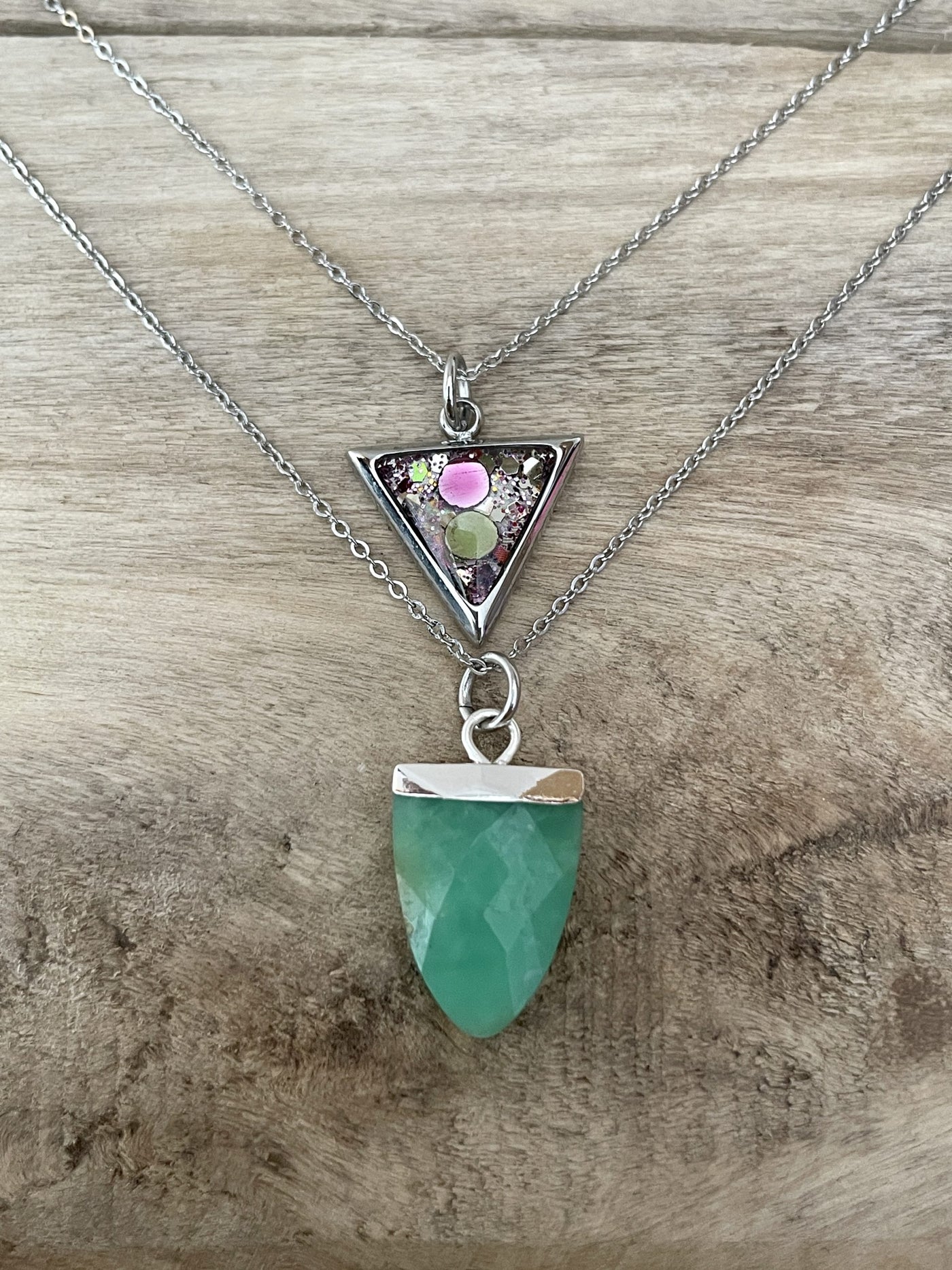 Double silver necklace JADE TRIANGLE Emotional shock