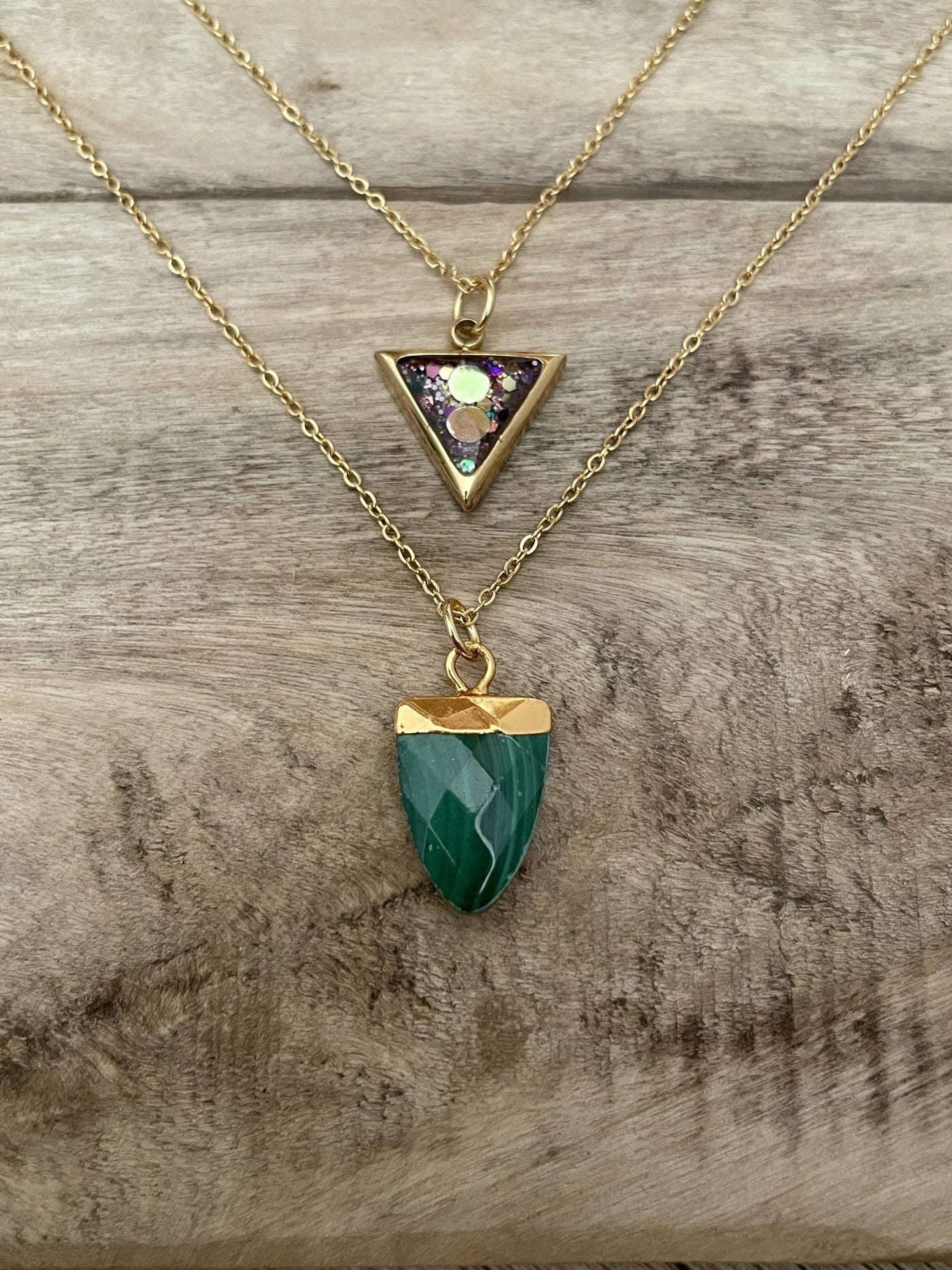 Double golden MALACHITE triangle necklace Wound of the soul: Abandonment