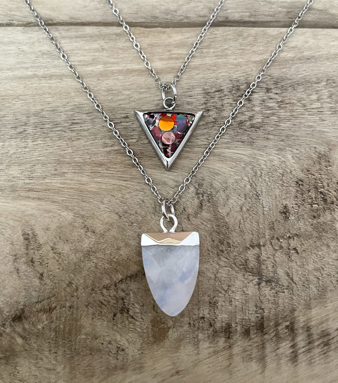 Double silver necklace MOONSTONE triangle Sacral Chakra reset
