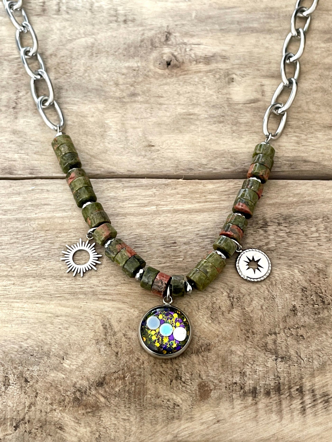 Silver necklace HONOLULU UNAKITE Alignment to oneself