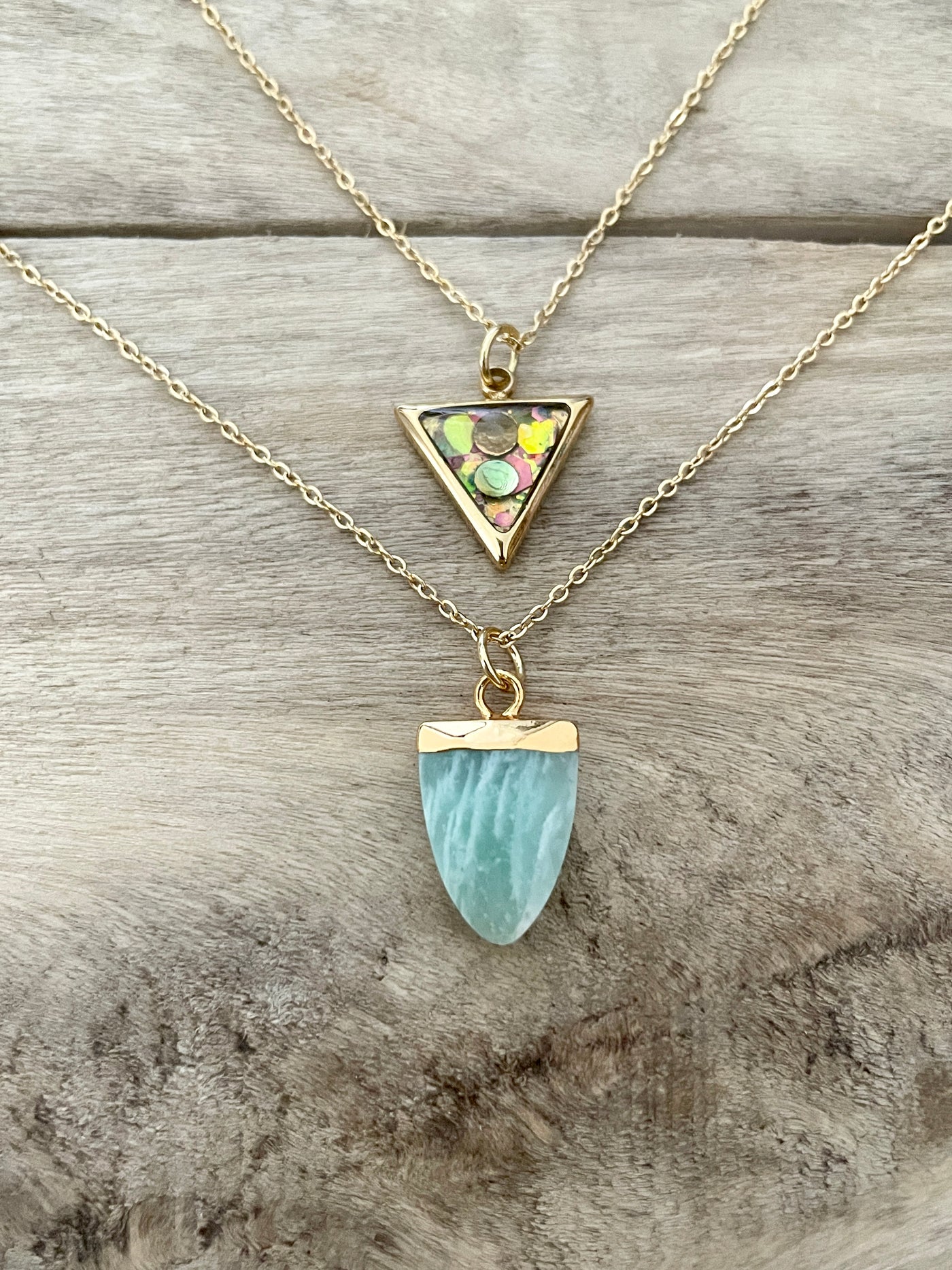 AMAZONITE Double Golden Necklace Triangle Wound of the Soul: Abandonment
