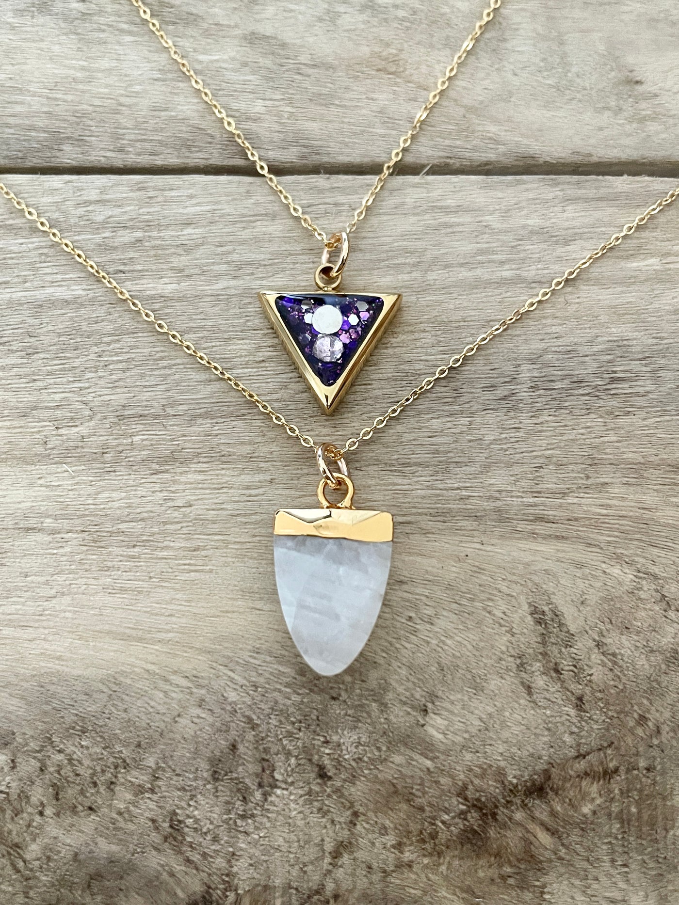 Double golden necklace MOONSTONE Triangle Channeling &amp; intuition