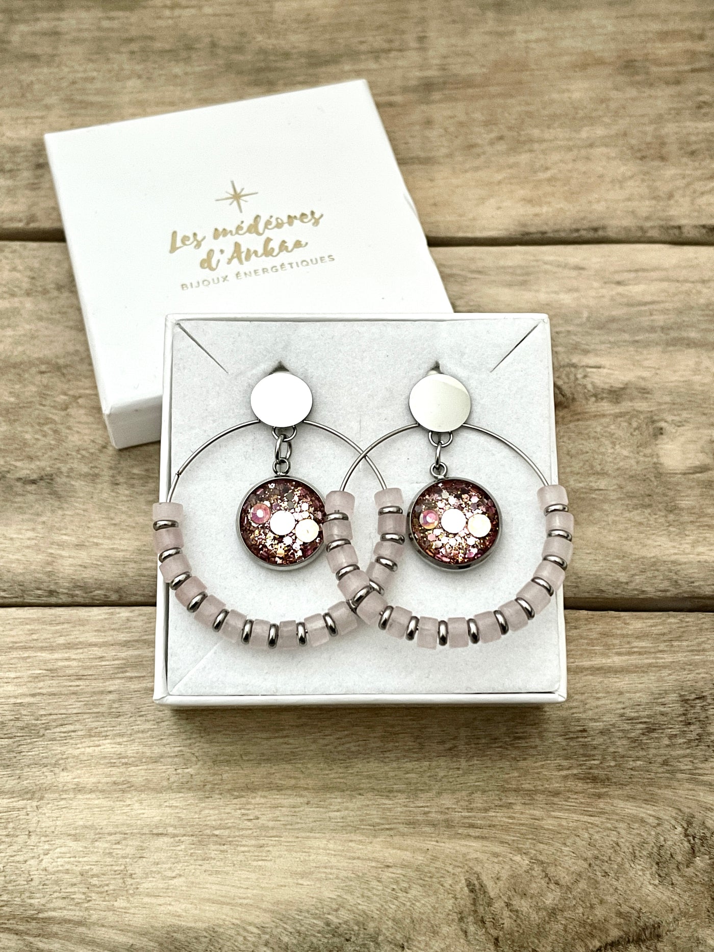 Boucles d'oreilles argentées SHAMBALLAH Quartz rose Déblocage du noeud bloquant du moment