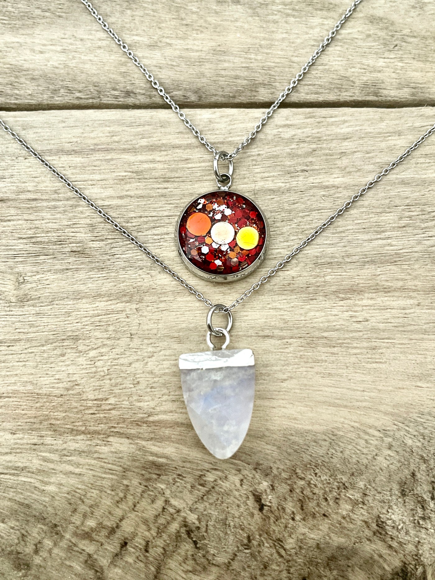 Double silver MOONSTONE Om necklace