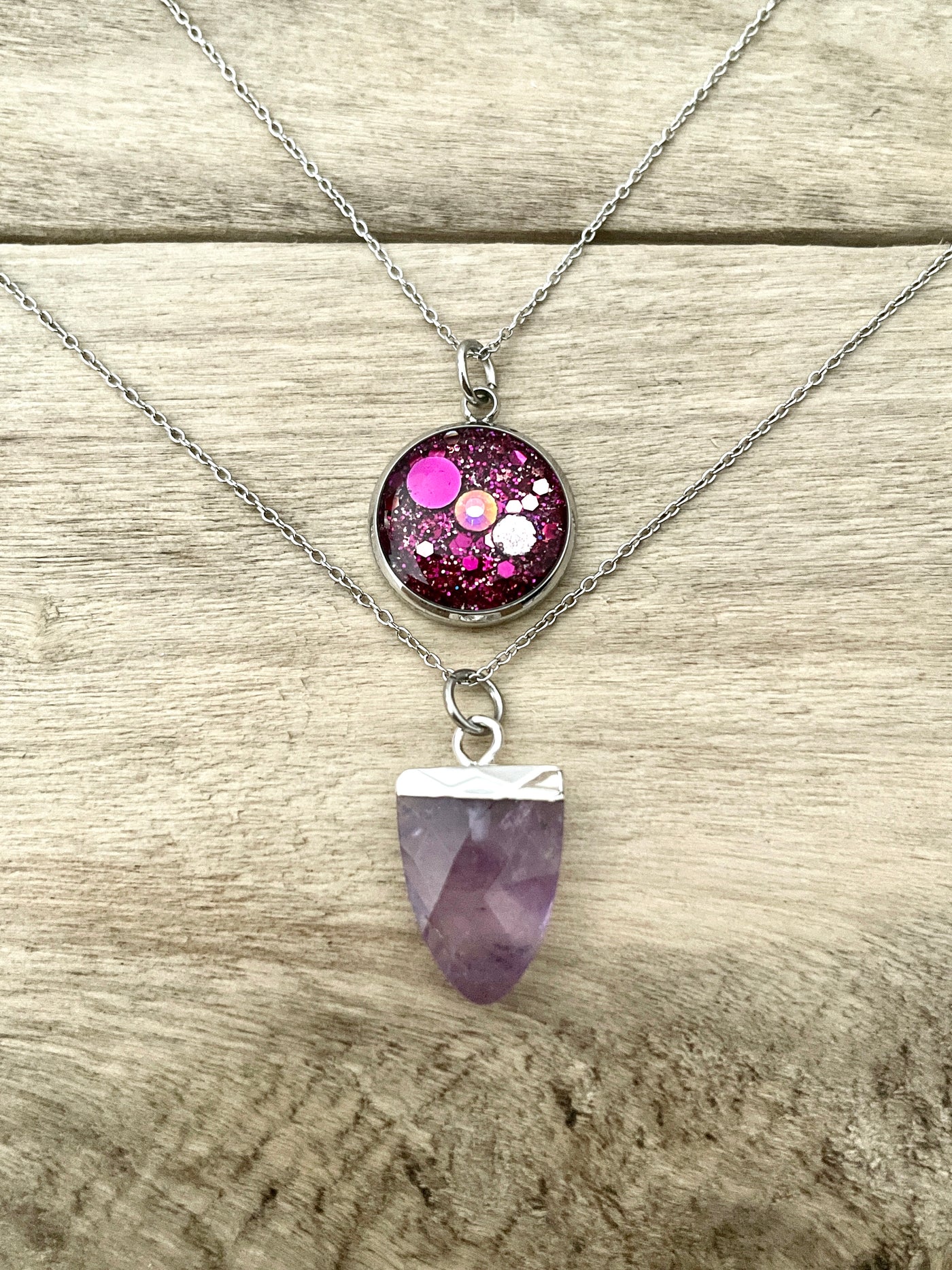 Double silver necklace AMETHYST Being yourself