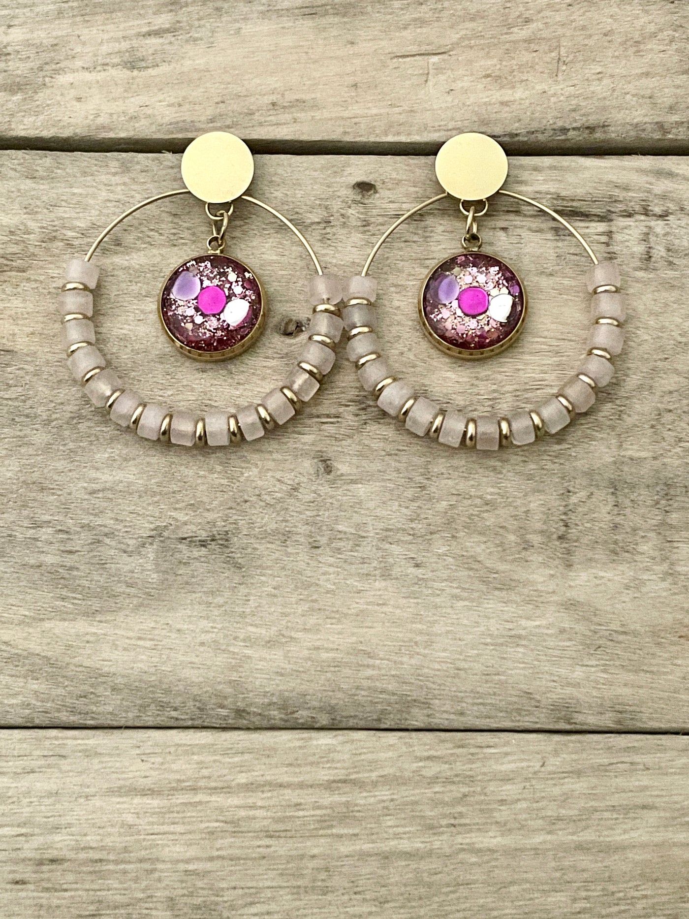 Gold earrings SHAMBALLAH rose quartz Peace &amp; Love