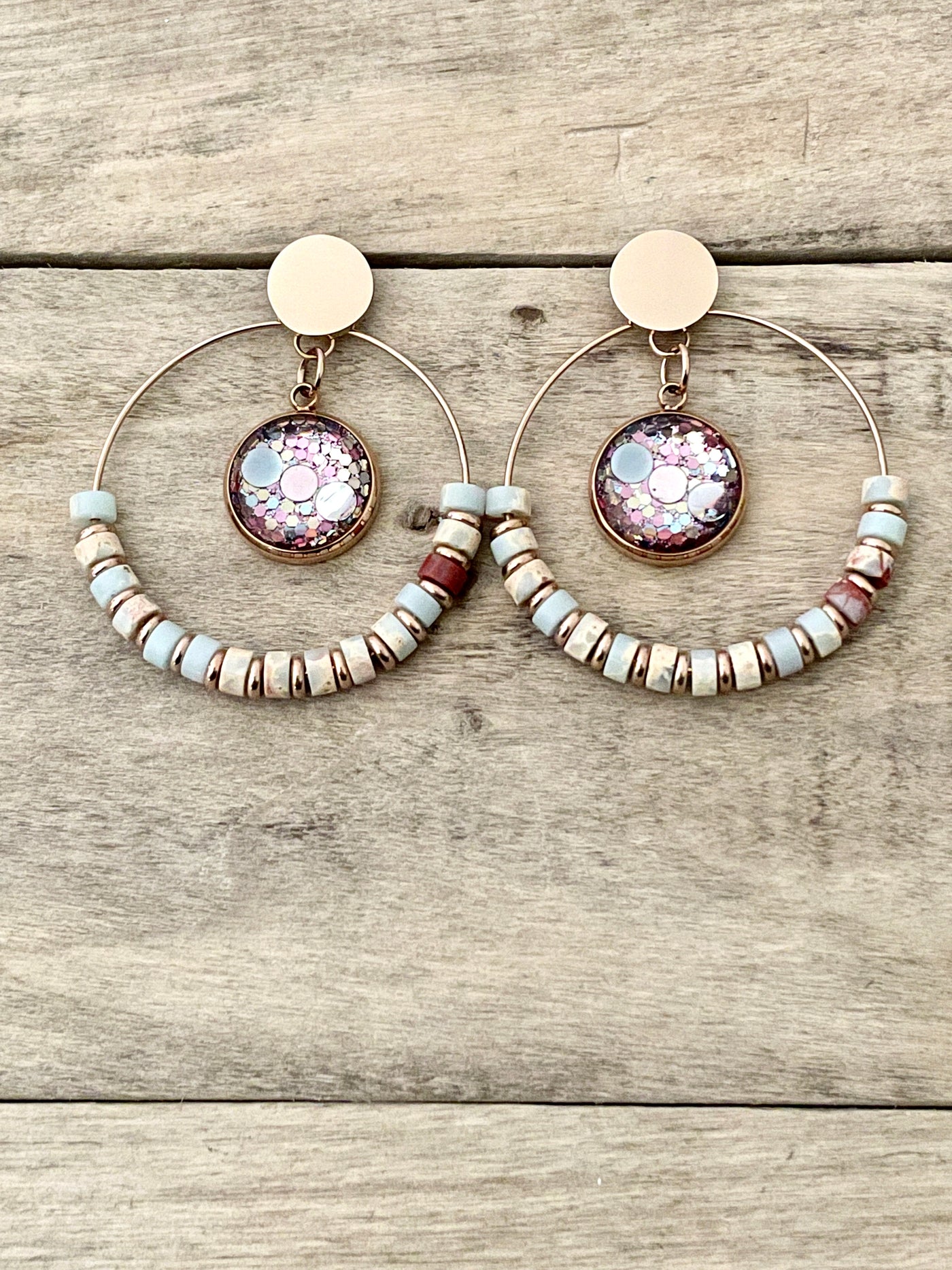 Boucles d'oreilles or rose SHAMBALLAH Jaspe Chakra racine